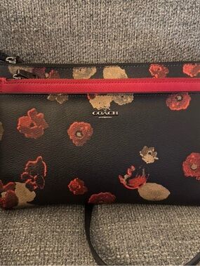 Coach Black Floral Crossbody with Red Trim